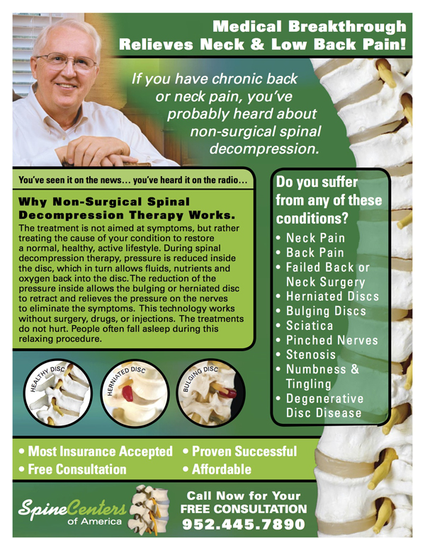 During spinal decompression therapy, pressure is reduced inside the disc.  This reduction allows the disc to retract and relieve the pressure on the nerves to eliminate the symptoms.